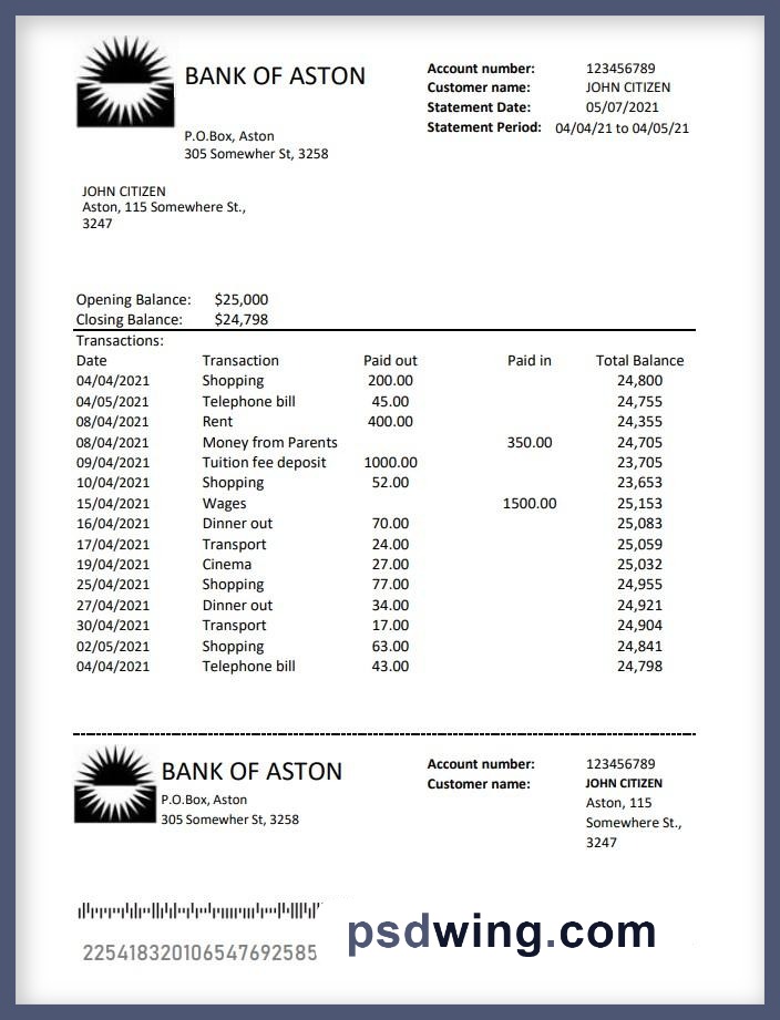 United Kingdom Bank of Aston Bank Statement (Excel)